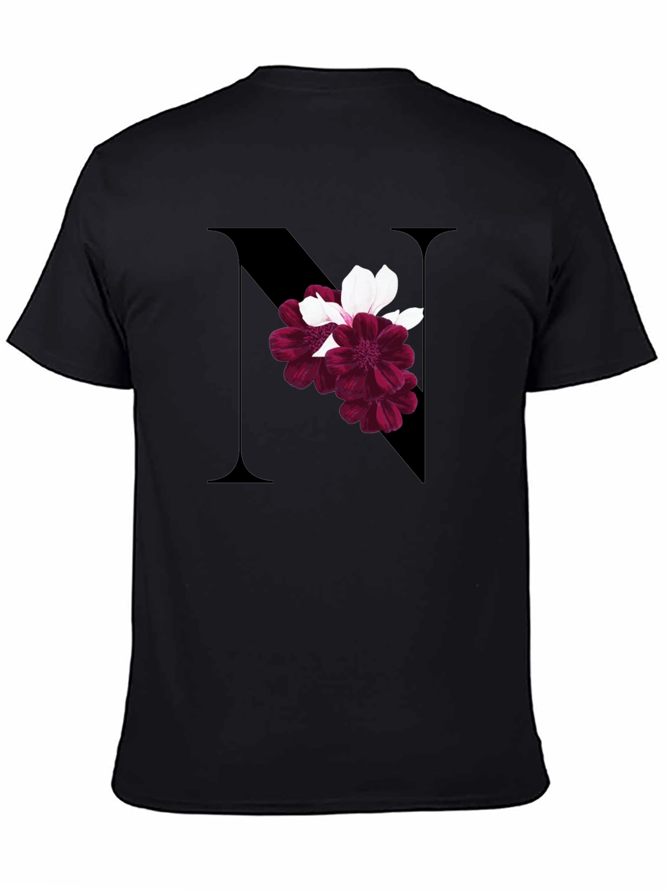 Floral Letter N Black T-Shirt