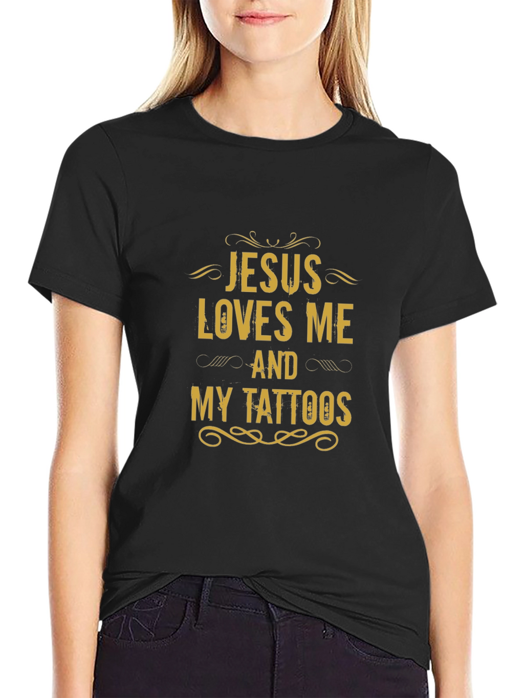 Jesus Loves Me and My Tattoos Black Graphic Tee