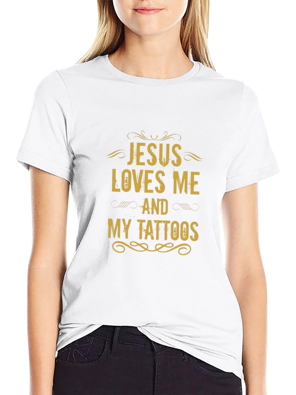 Jesus Loves Me and My Tattoos Black Graphic Tee