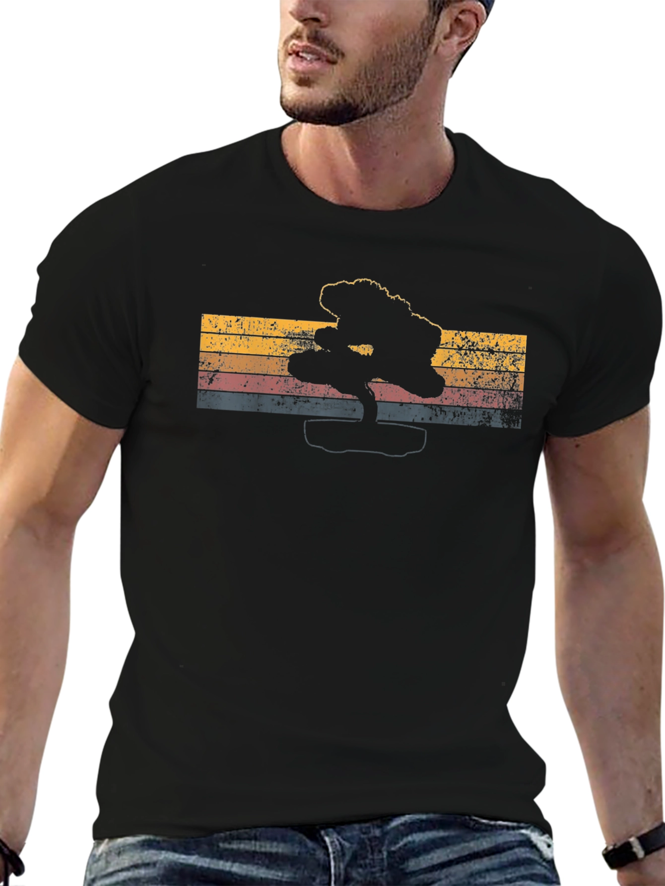 Retro Bonsai Tree Graphic Tee - Mens Black T-Shirt