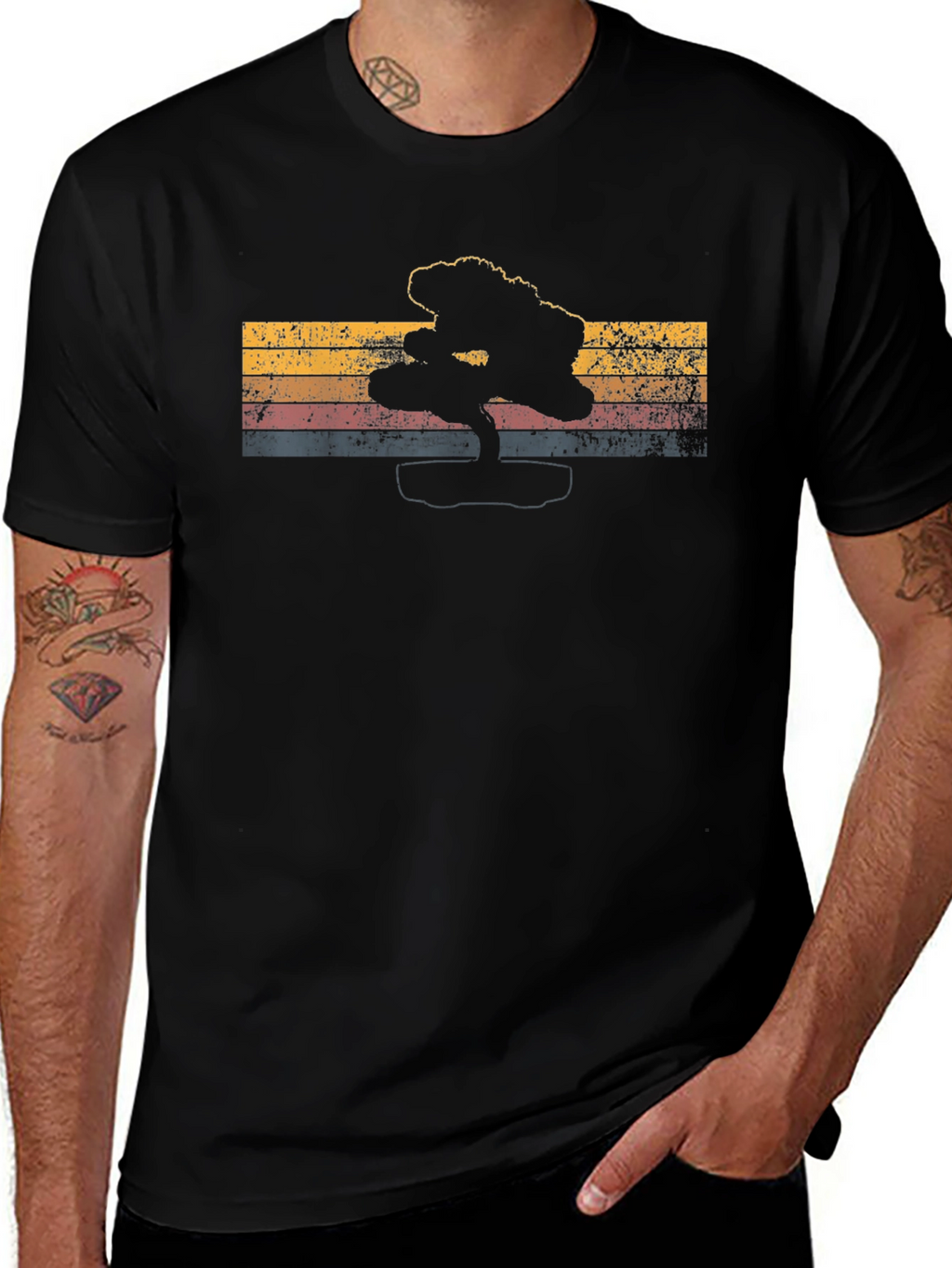 Retro Bonsai Tree Graphic Tee - Mens Black T-Shirt