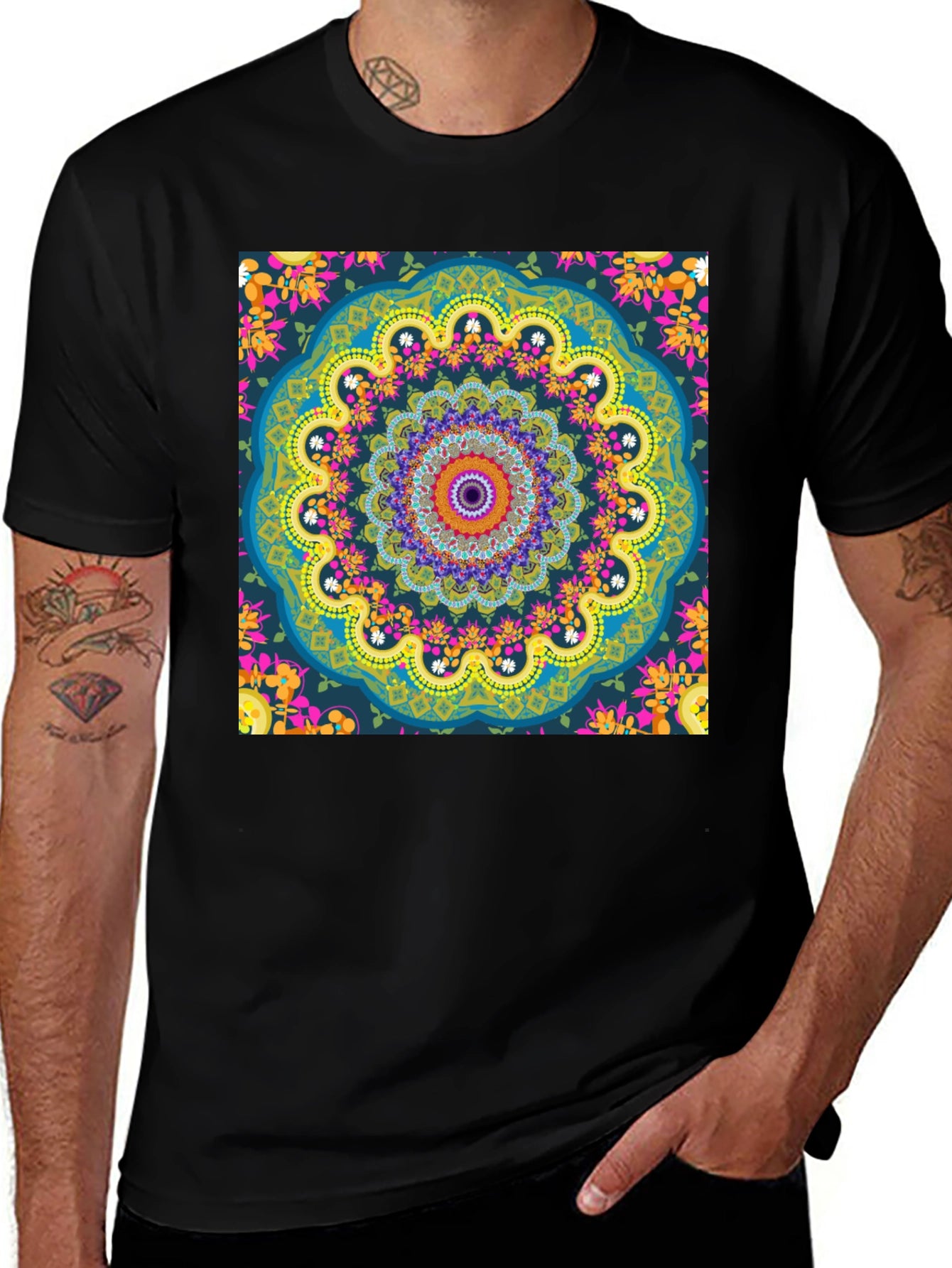 Mandala Print Mens Black T-Shirt