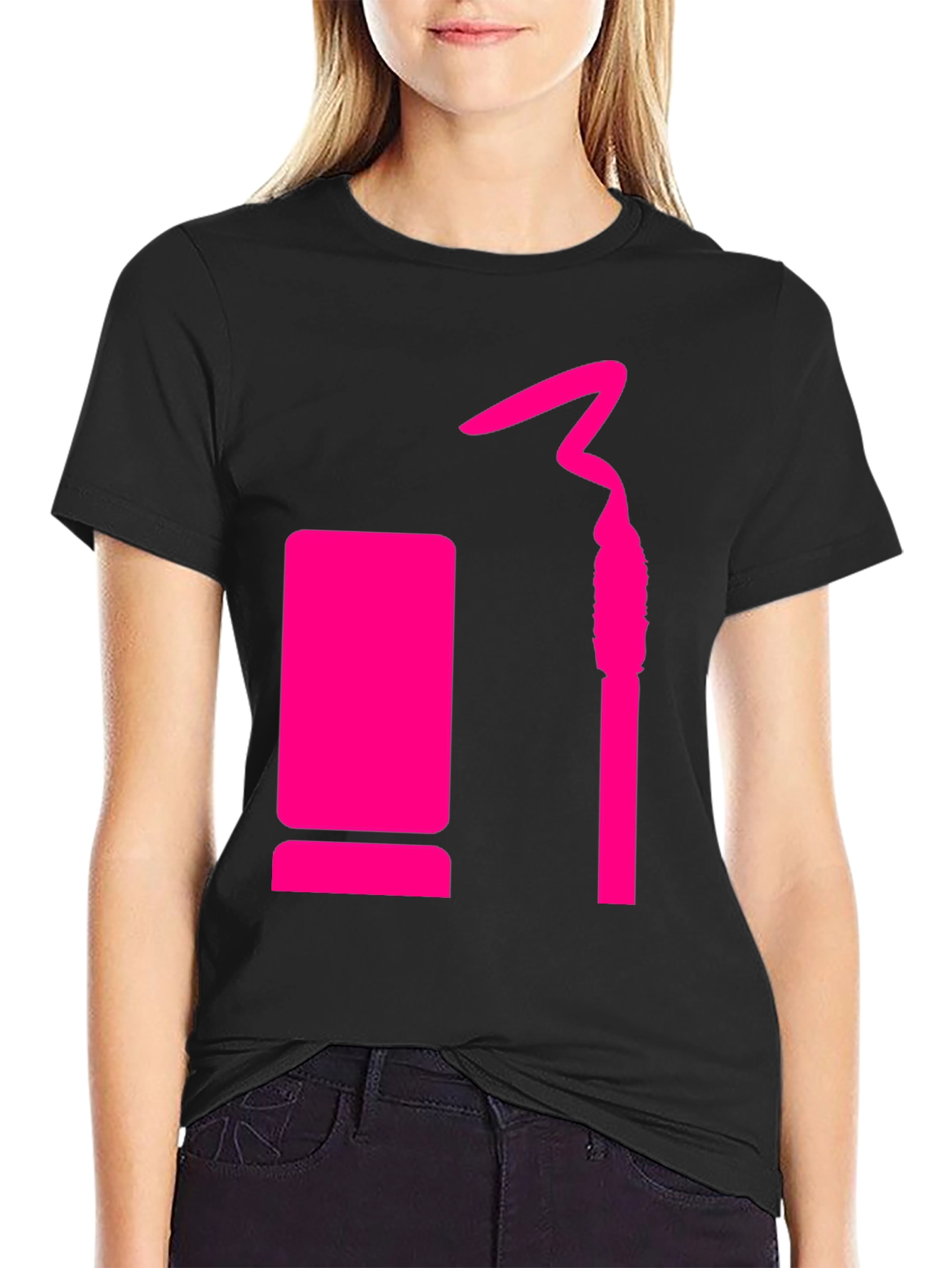 Trendy Black Tee with Pink Lipstick Design