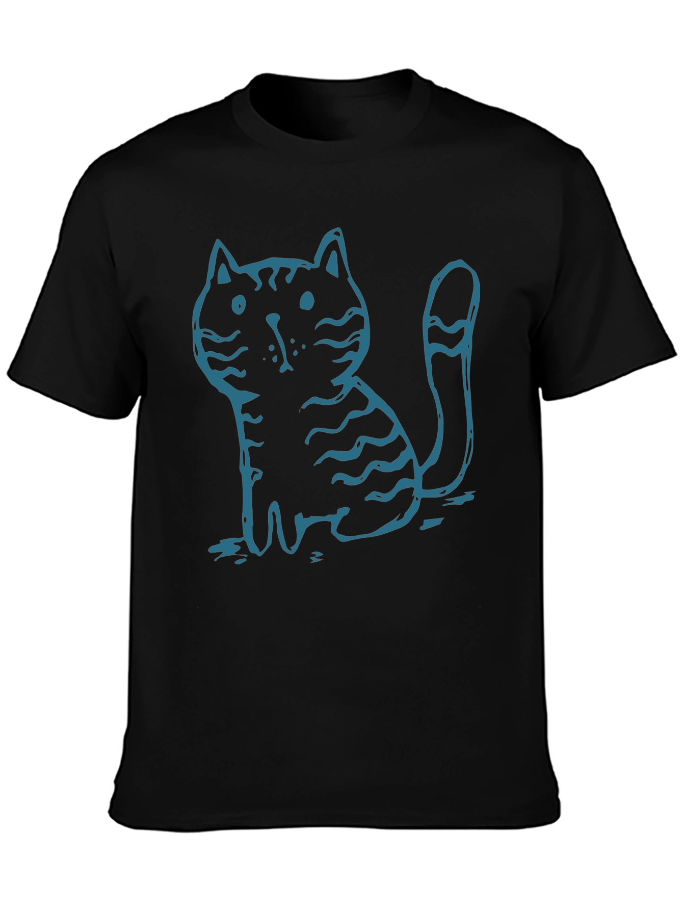 Mens Black T-Shirt with Cute Cartoon Cat Graphic