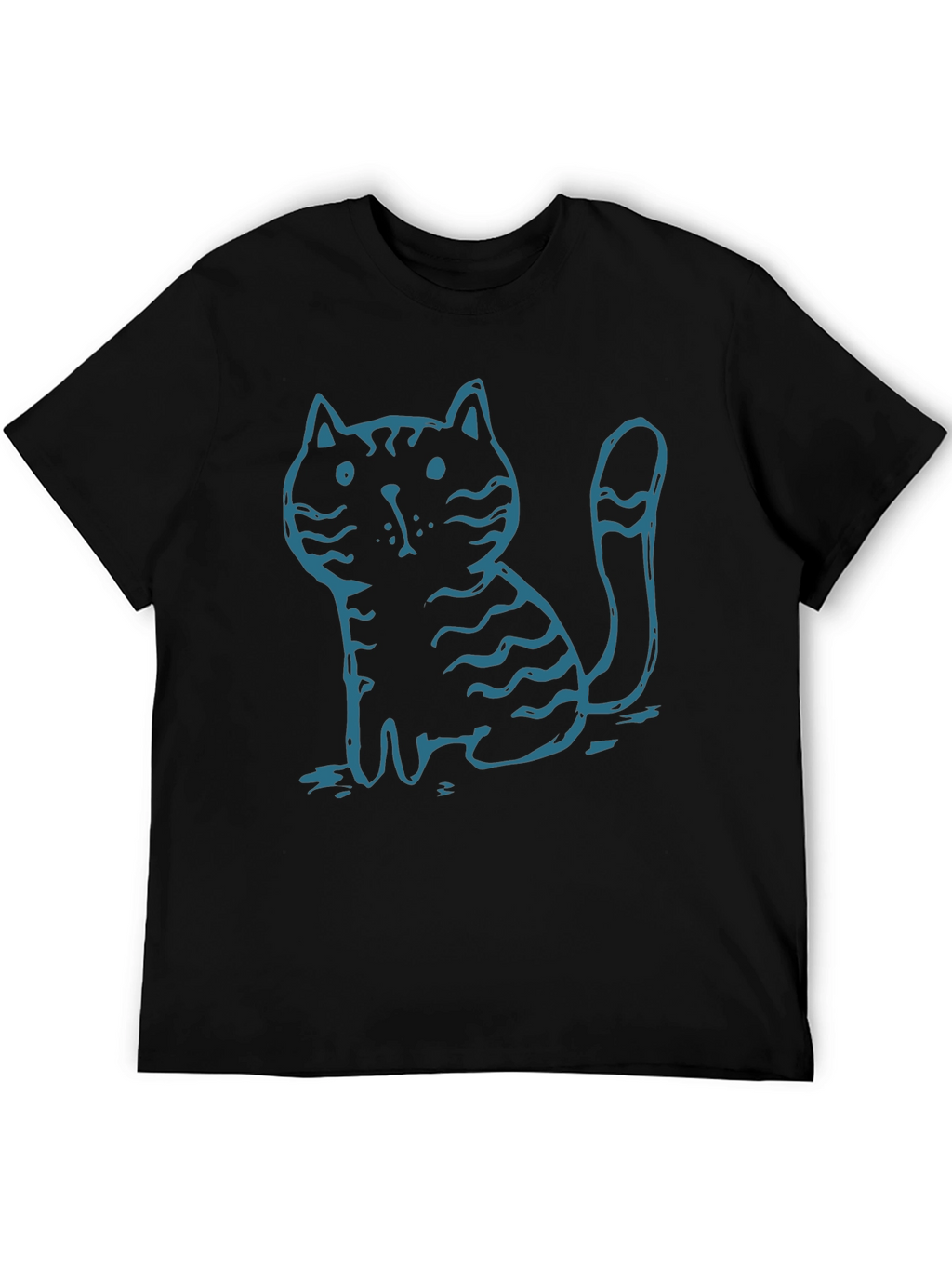 Mens Black T-Shirt with Cute Cartoon Cat Graphic