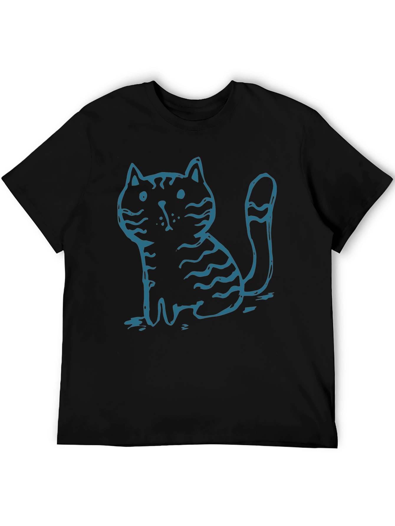 Mens Black T-Shirt with Cute Cartoon Cat Graphic