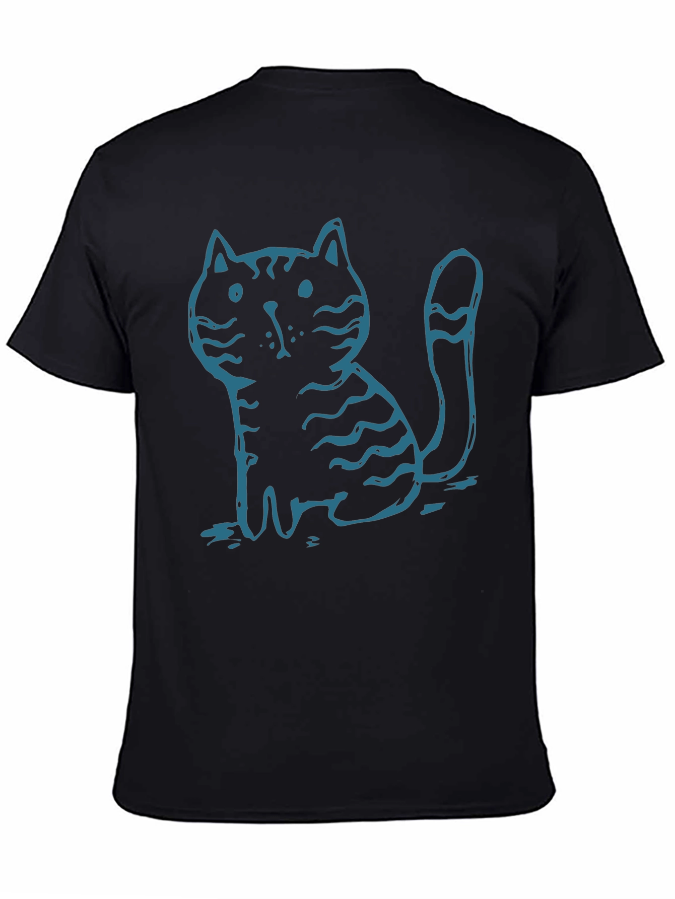 Mens Black T-Shirt with Cute Cartoon Cat Graphic