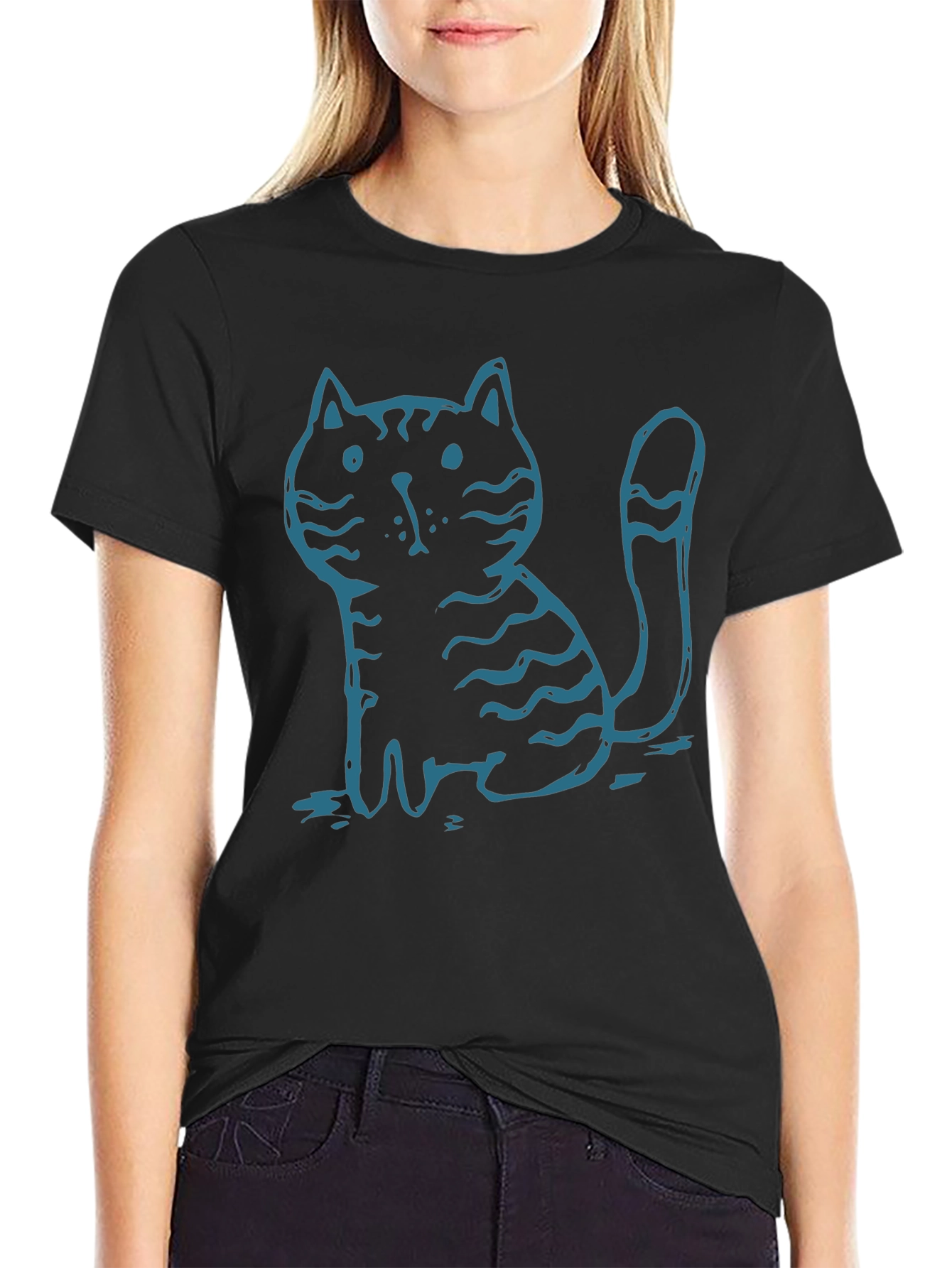 Mens Black T-Shirt with Cute Cartoon Cat Graphic