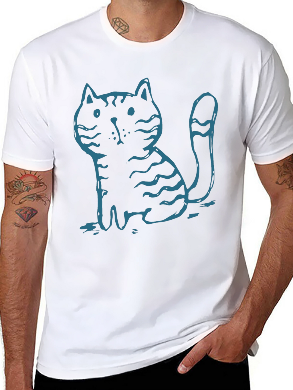 Mens Black T-Shirt with Cute Cartoon Cat Graphic