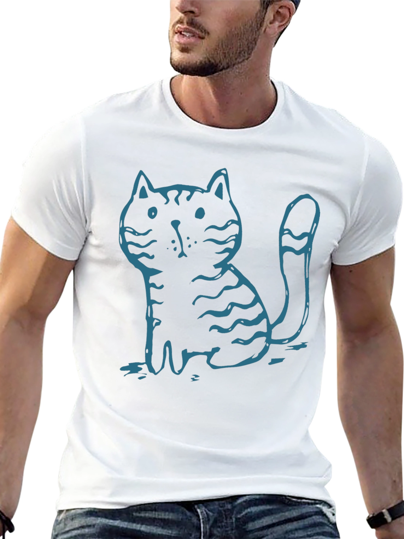 Mens Black T-Shirt with Cute Cartoon Cat Graphic