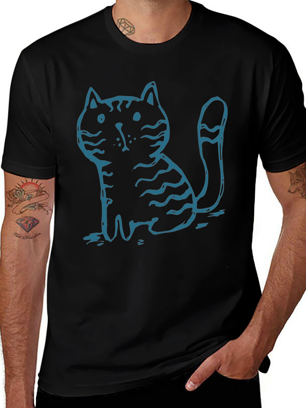 Mens Black T-Shirt with Cute Cartoon Cat Graphic
