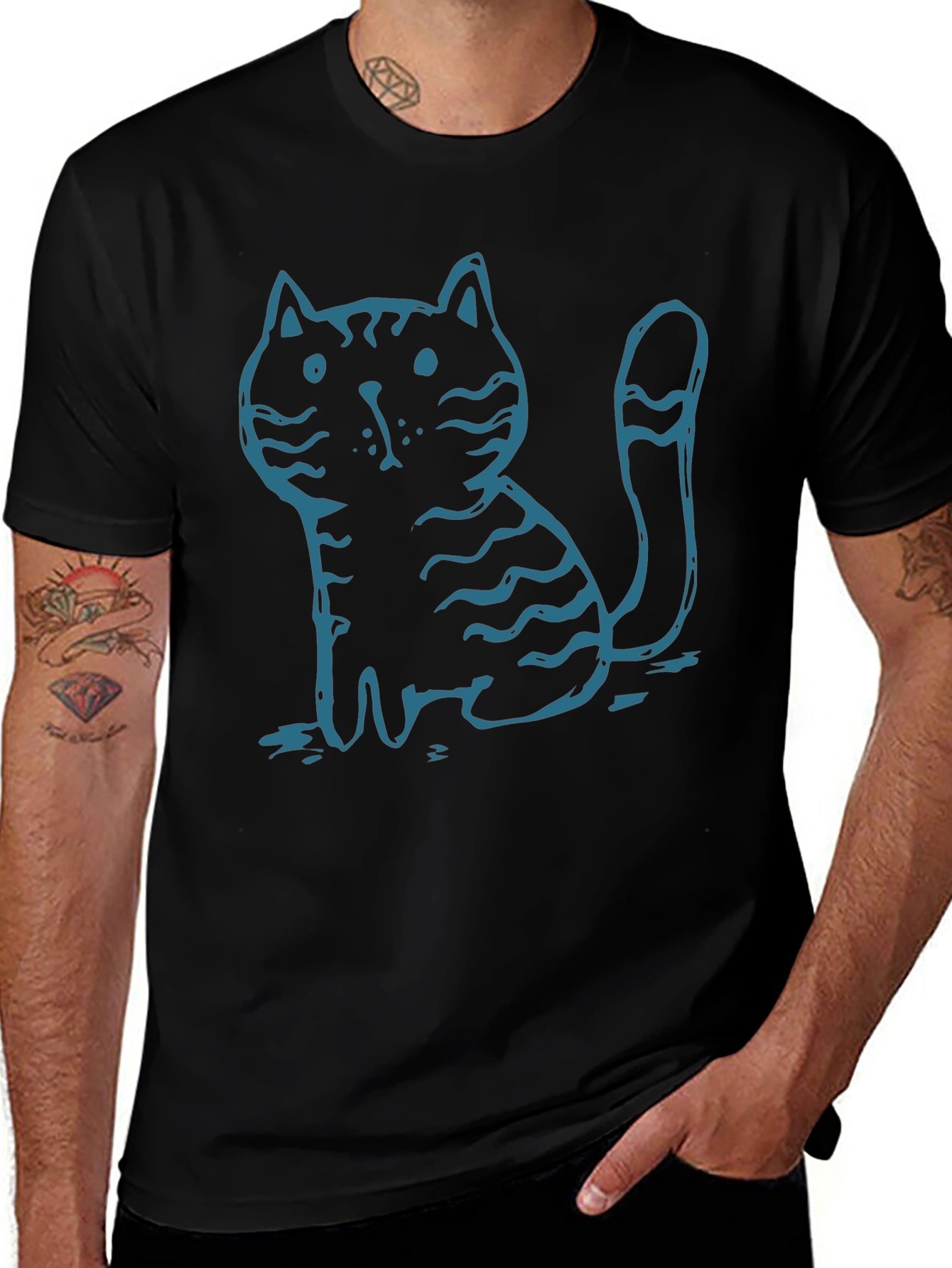Mens Black T-Shirt with Cute Cartoon Cat Graphic