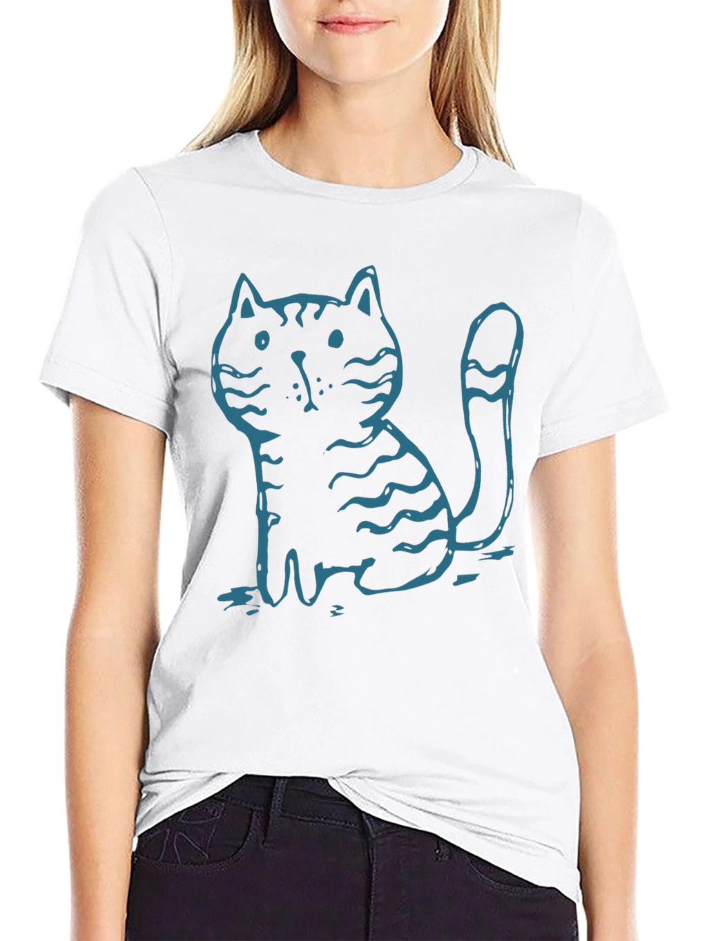 Mens Black T-Shirt with Cute Cartoon Cat Graphic