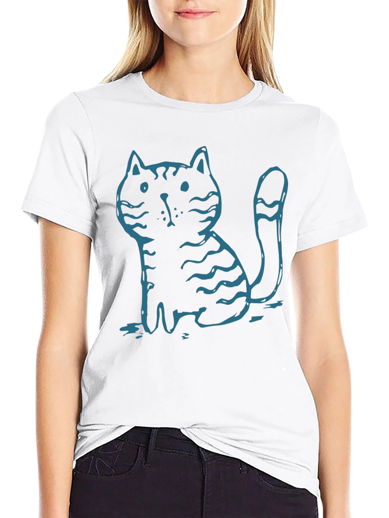 Mens Black T-Shirt with Cute Cartoon Cat Graphic