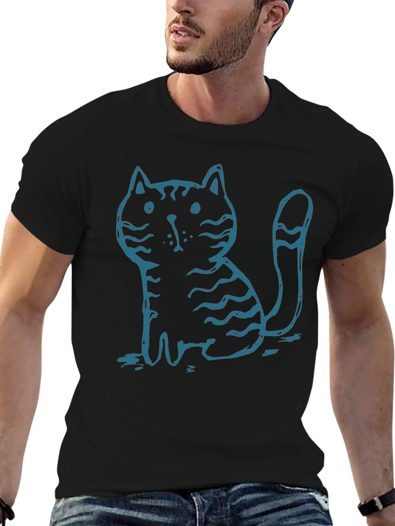 Mens Black T-Shirt with Cute Cartoon Cat Graphic