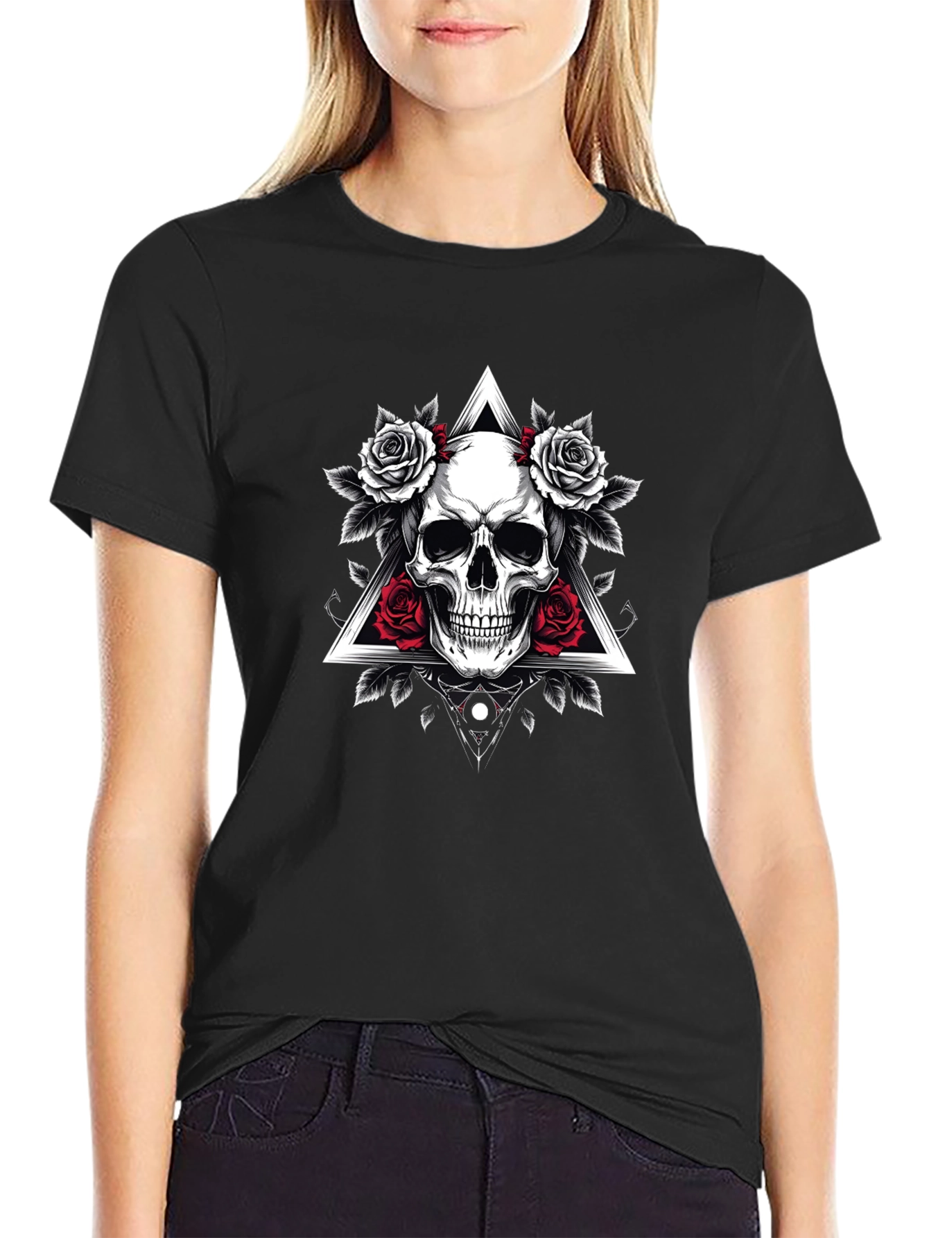 Skull & Roses Graphic Tee - Gothic Style Black Shirt
