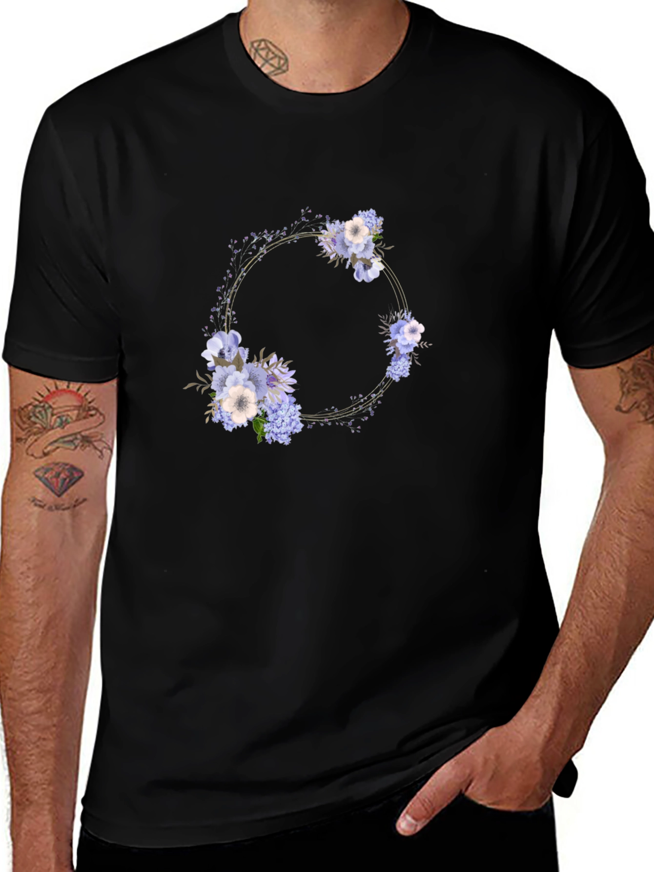 Floral Wreath Black T-Shirt - Stylish Mens Tee