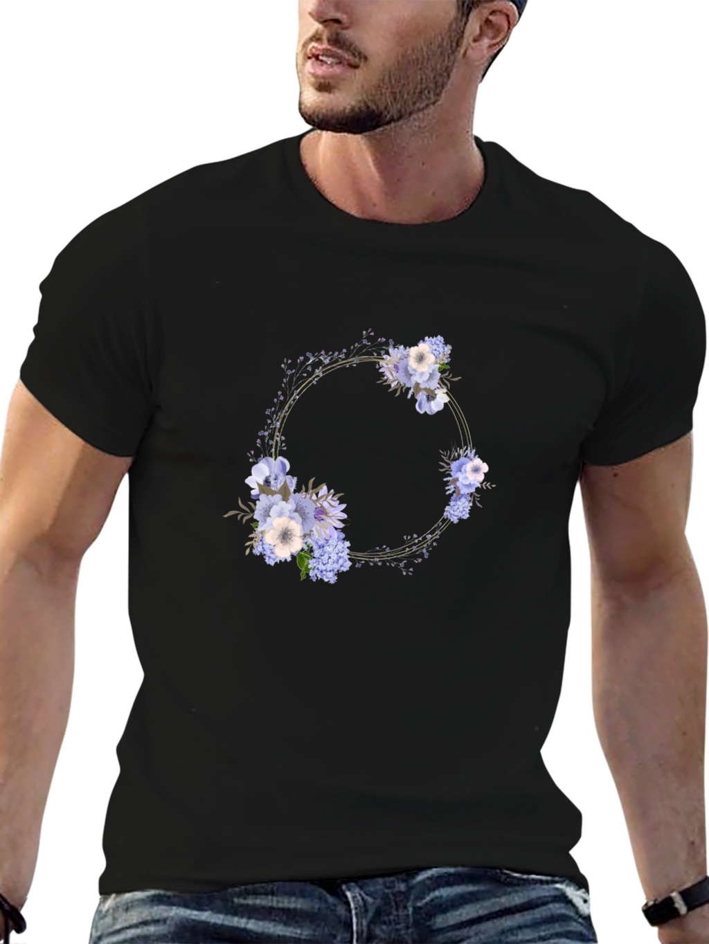 Floral Wreath Black T-Shirt - Stylish Mens Tee