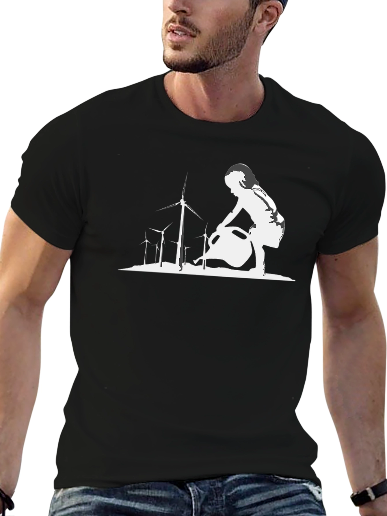 Eco-Friendly T-Shirt: Girl Watering Wind Turbines