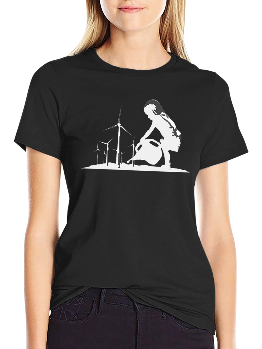 Eco-Friendly T-Shirt: Girl Watering Wind Turbines
