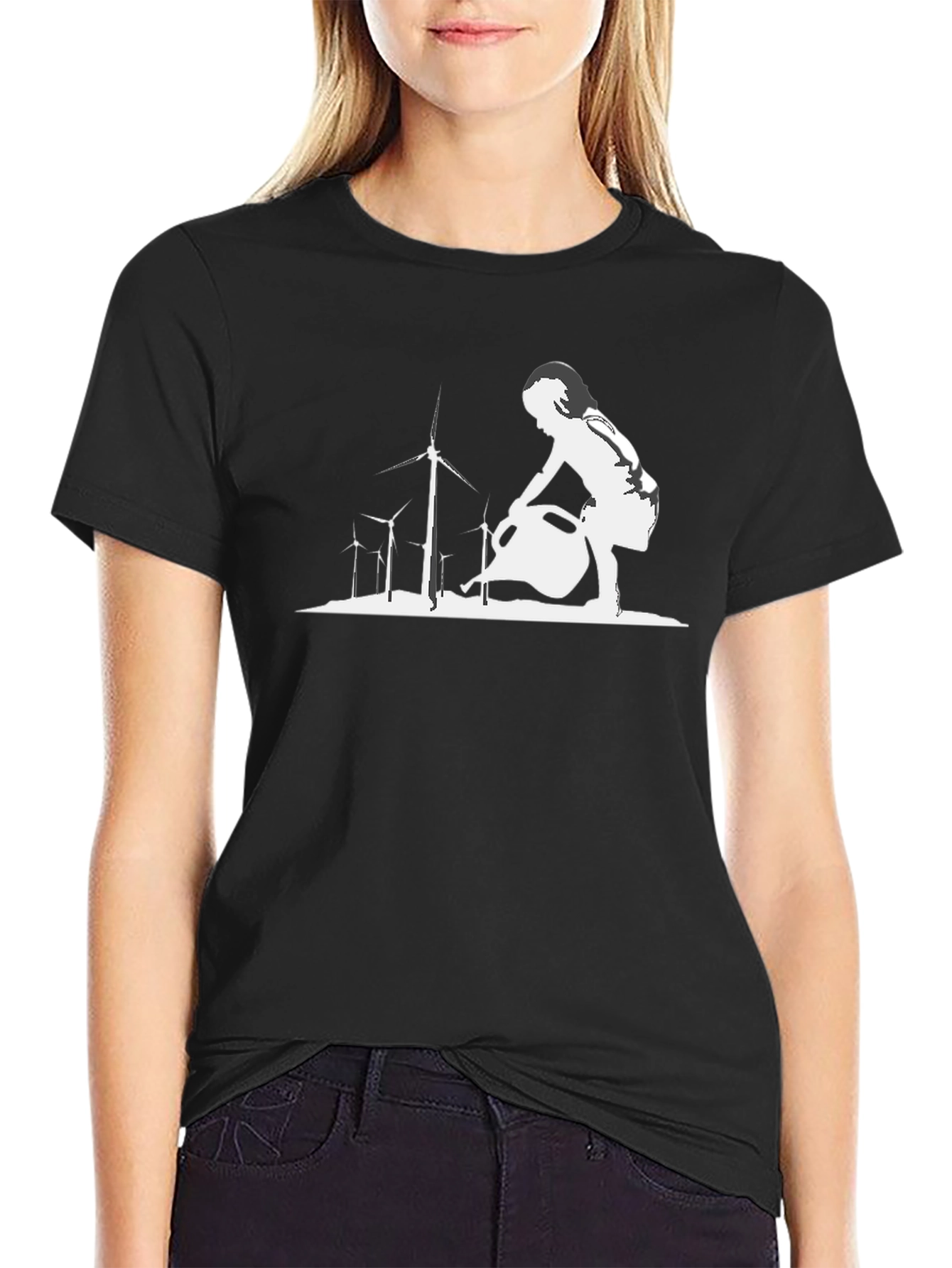 Eco-Friendly T-Shirt: Girl Watering Wind Turbines