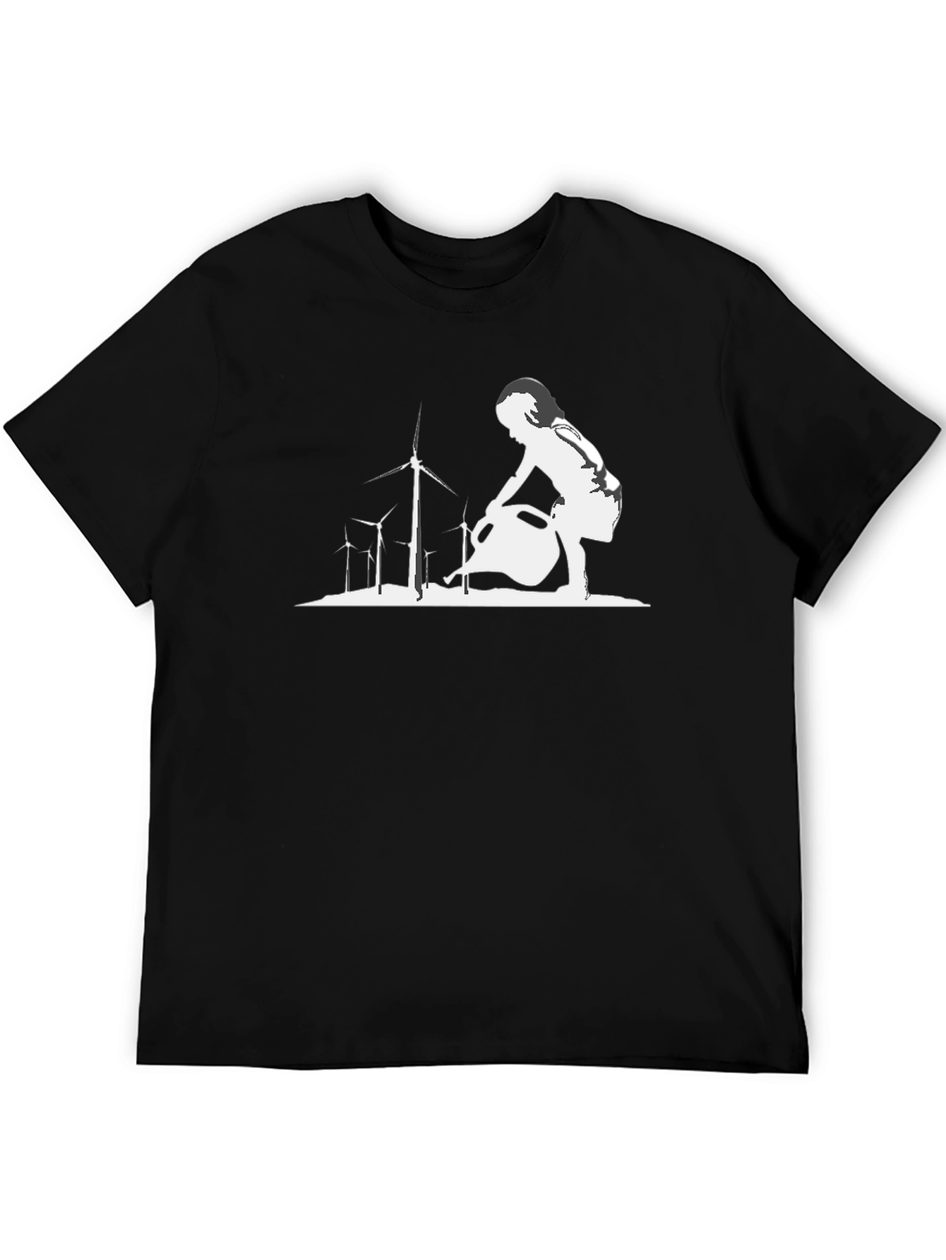 Eco-Friendly T-Shirt: Girl Watering Wind Turbines