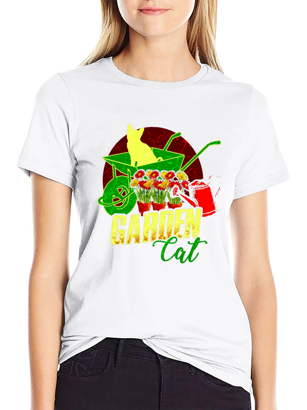Garden Cat T-Shirt - Wheelbarrow & Flower Design