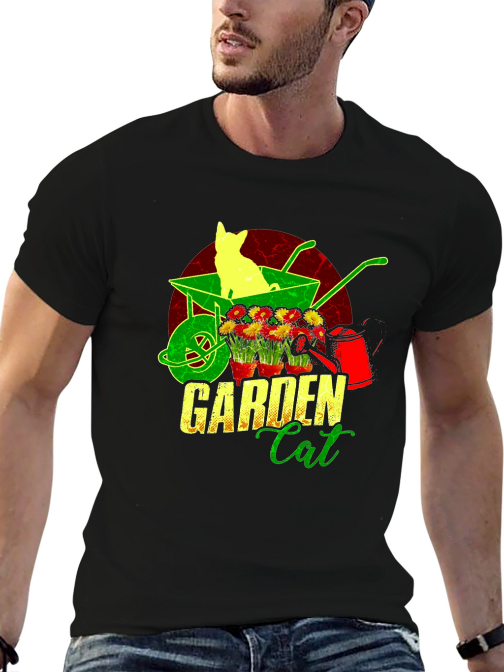 Garden Cat T-Shirt - Wheelbarrow & Flower Design