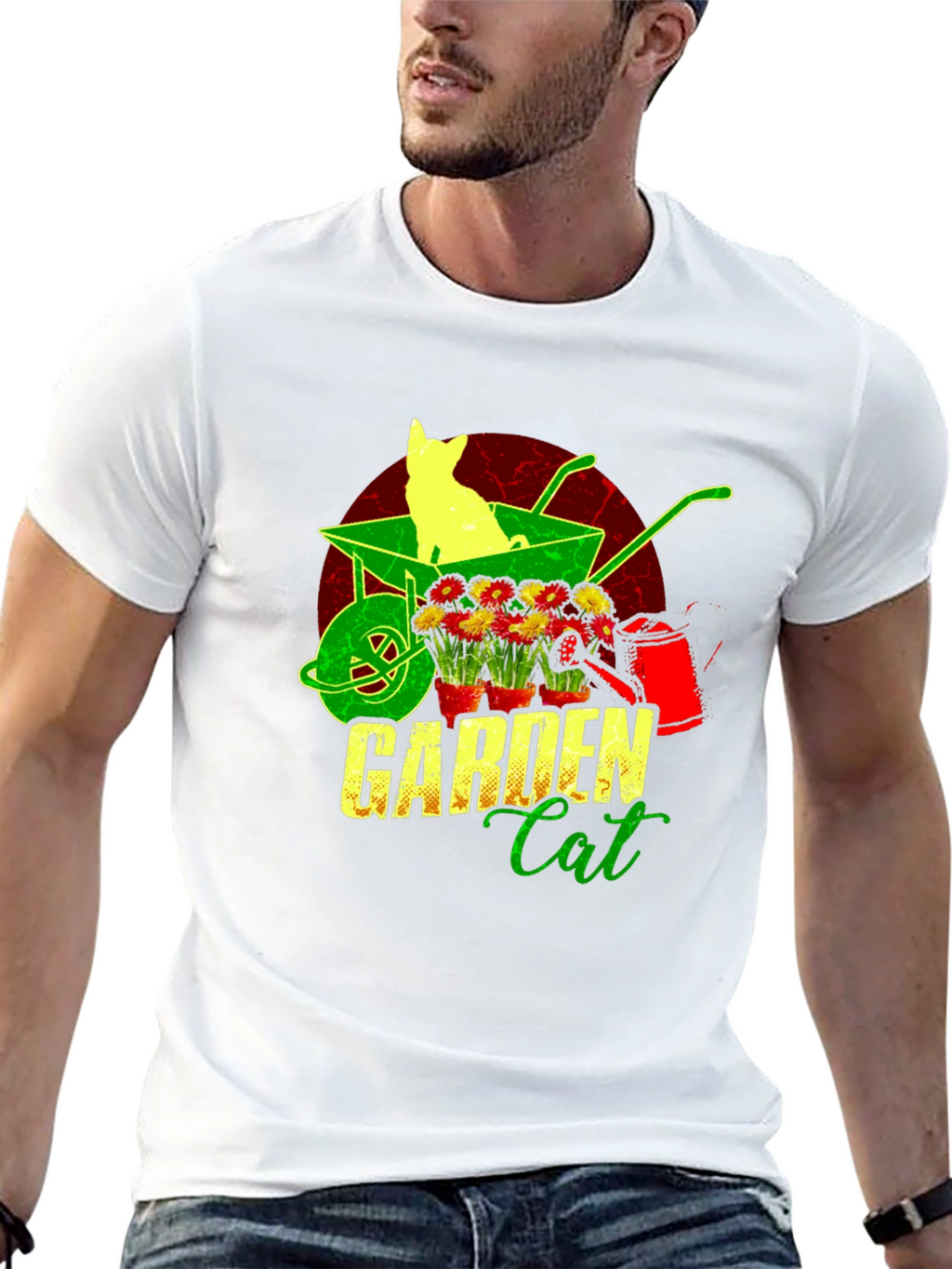 Garden Cat T-Shirt - Wheelbarrow & Flower Design