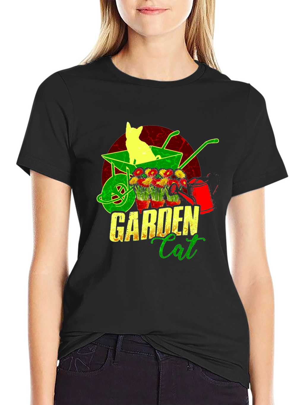 Garden Cat T-Shirt - Wheelbarrow & Flower Design