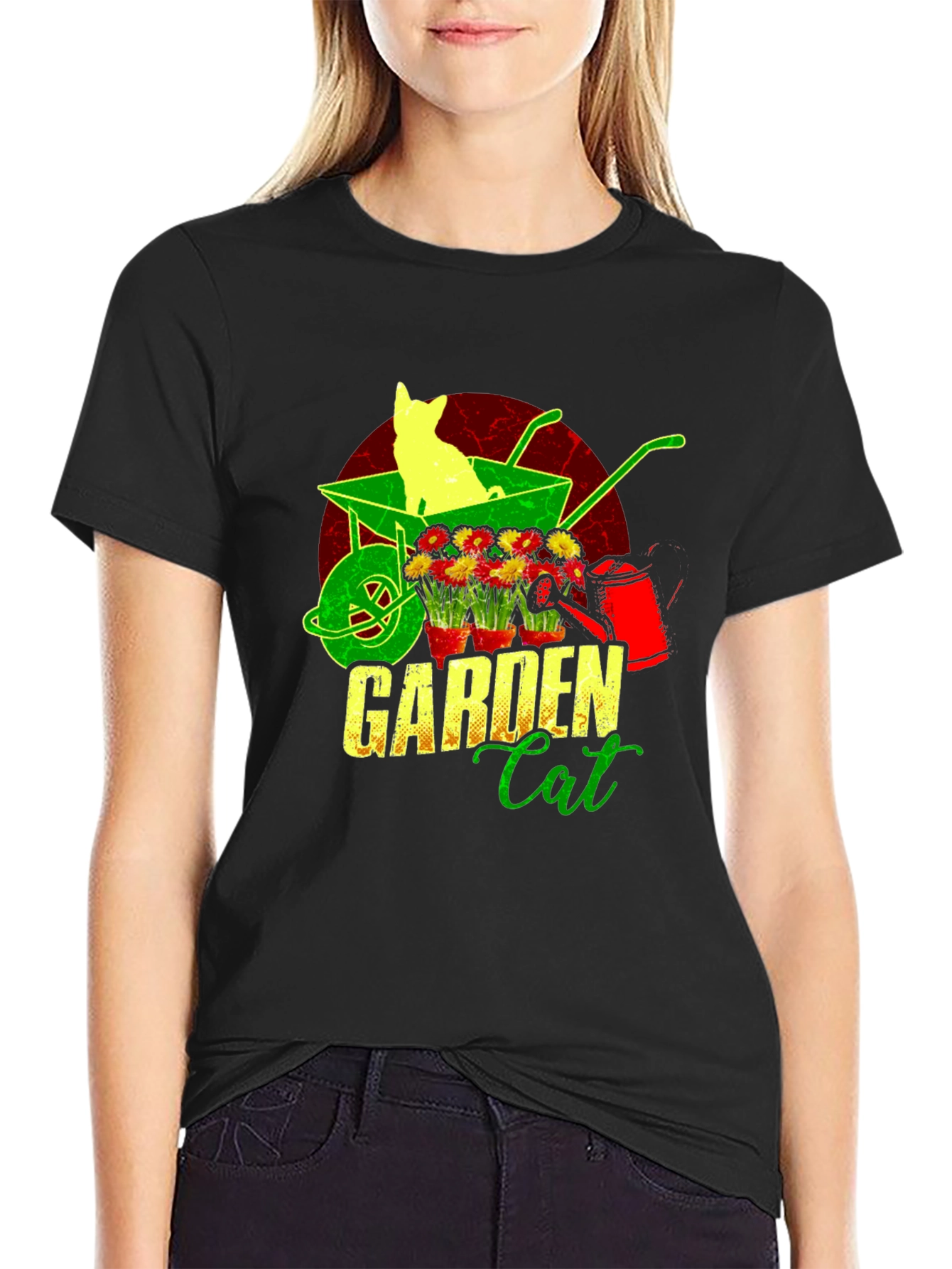 Garden Cat T-Shirt - Wheelbarrow & Flower Design