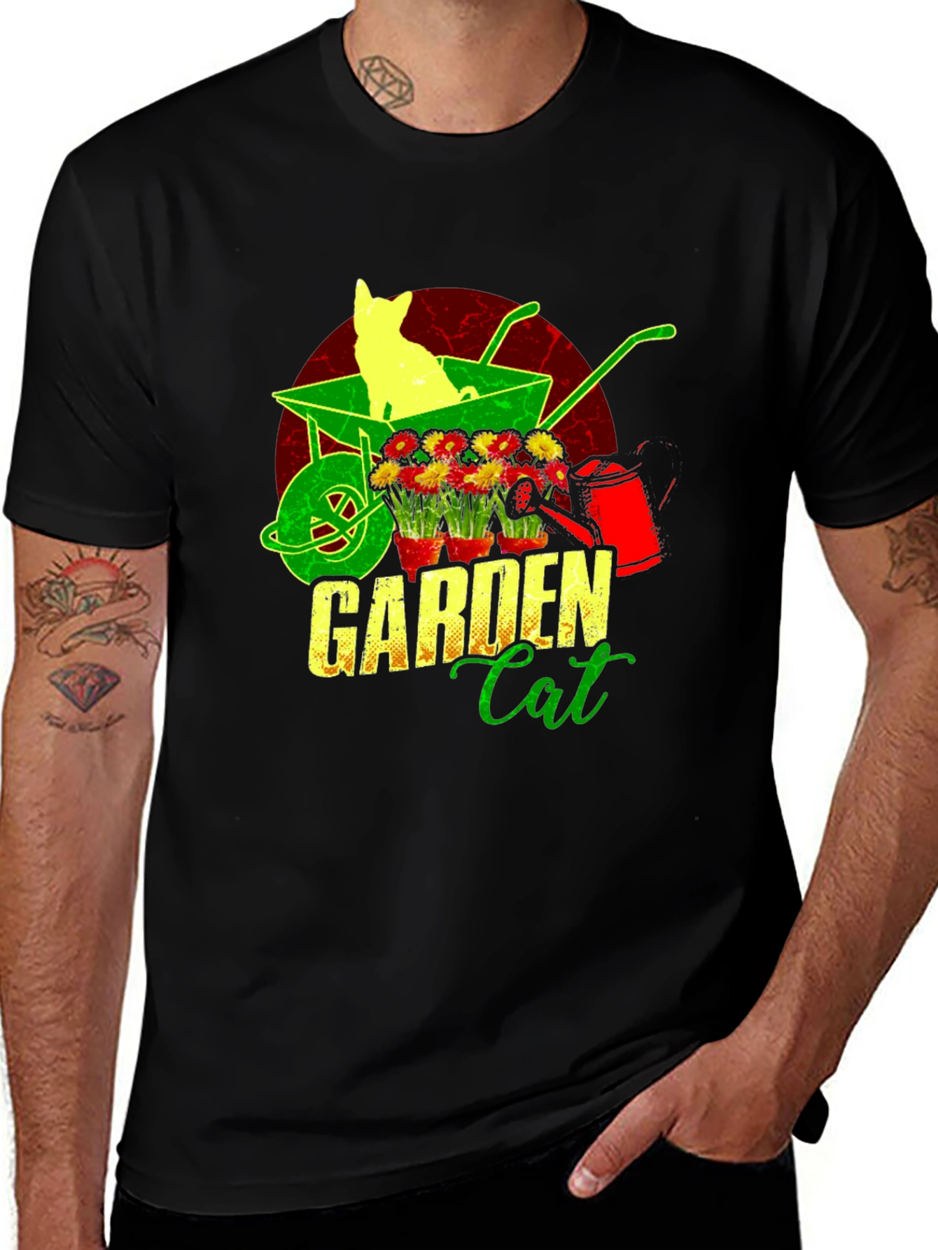 Garden Cat T-Shirt - Wheelbarrow & Flower Design