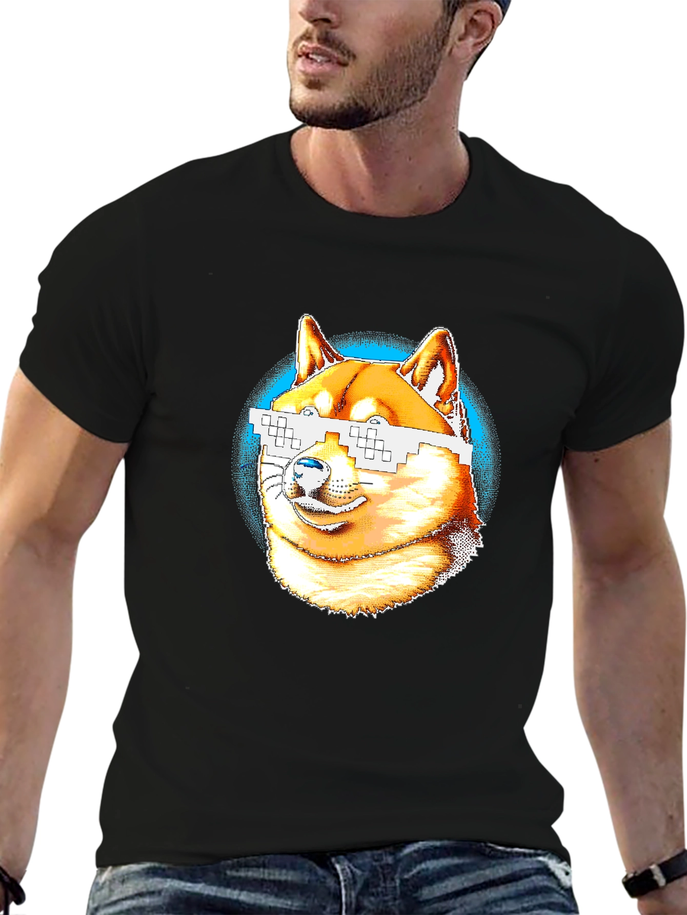 Doge Meme Pixel Sunglasses T-Shirt - Black
