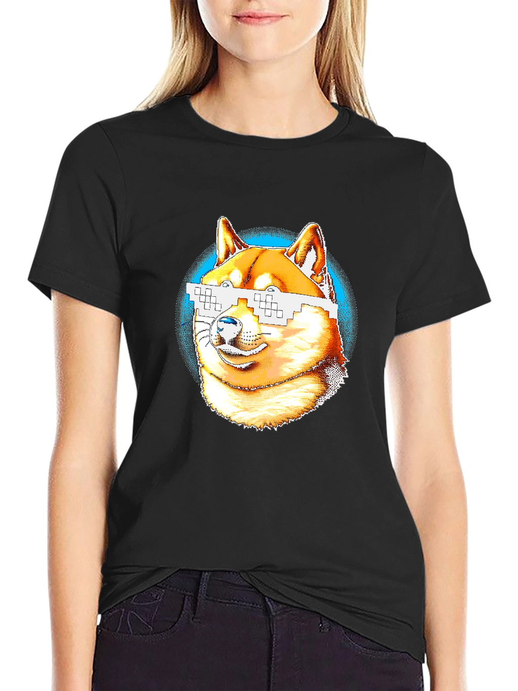 Doge Meme Pixel Sunglasses T-Shirt - Black