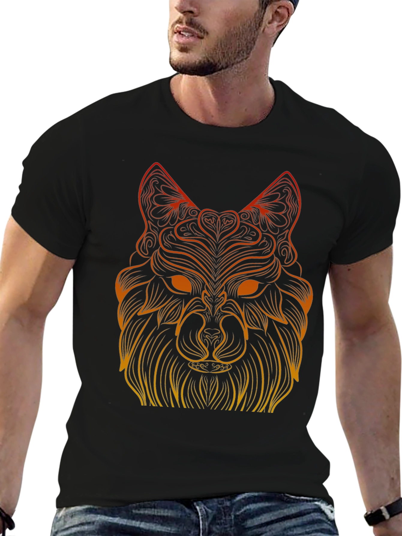 Geometric Wolf Graphic Tee - Black