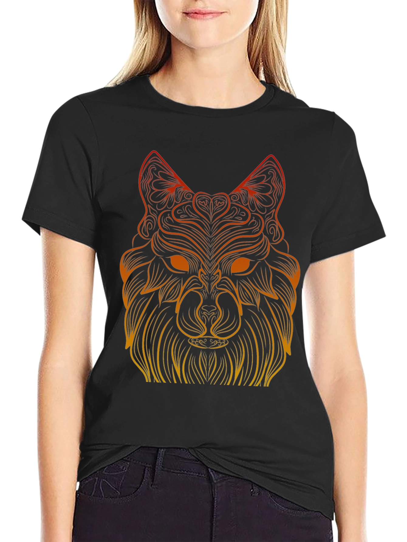 Geometric Wolf Graphic Tee - Black