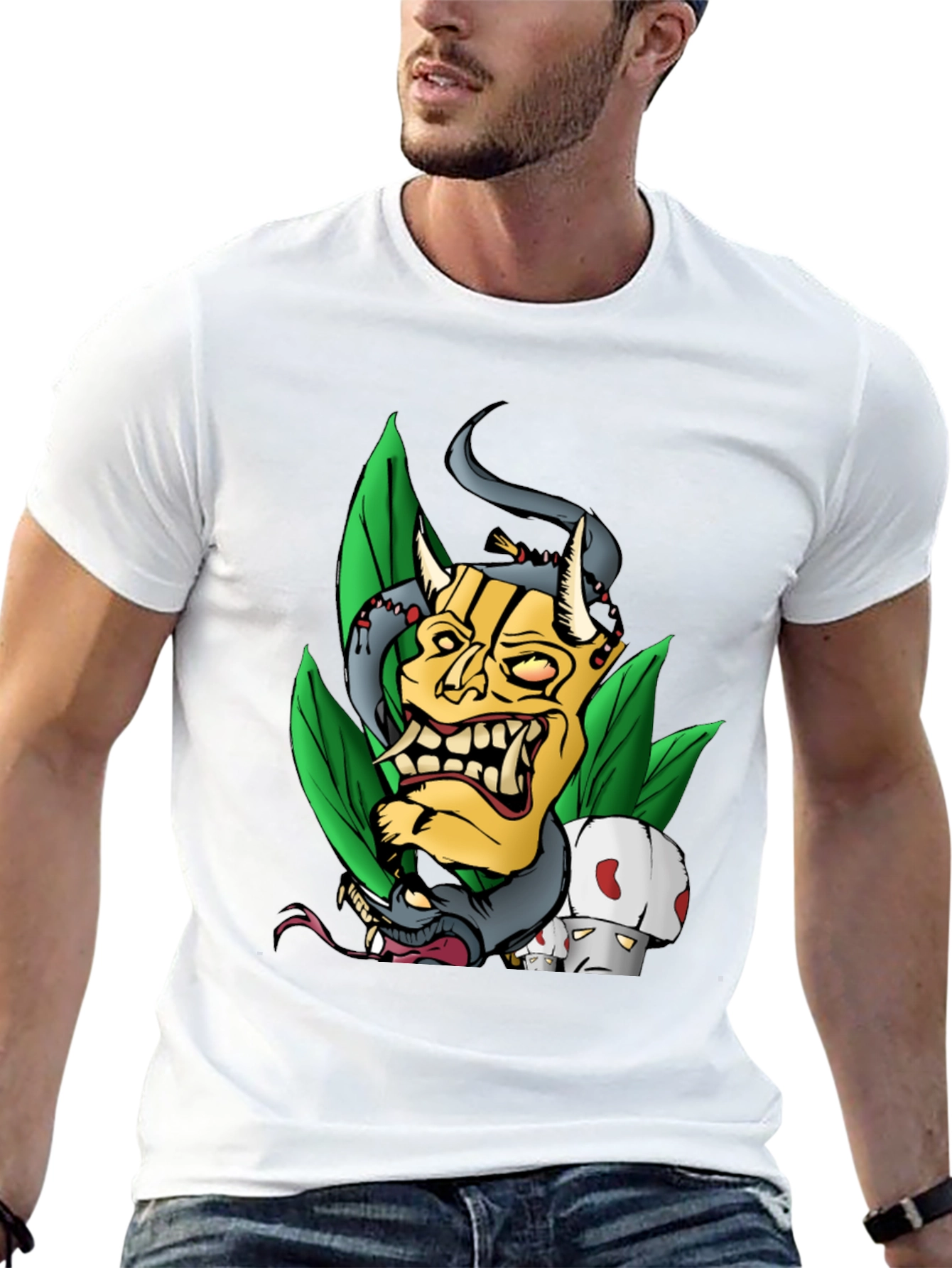 Unique Graphic Tee - Demon Mask and Snake