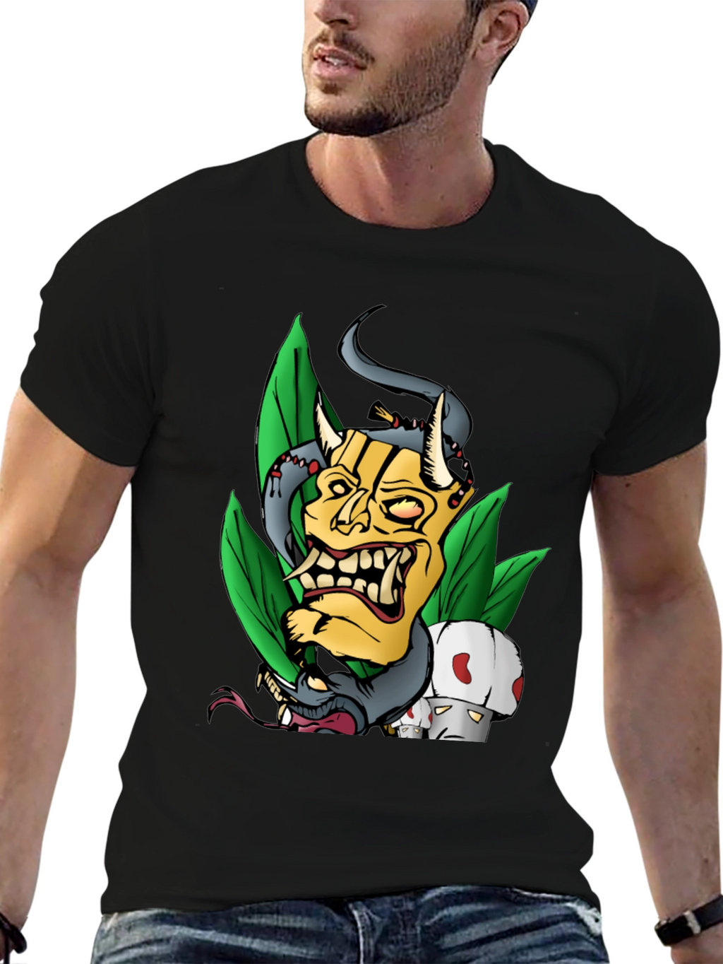 Unique Graphic Tee - Demon Mask and Snake