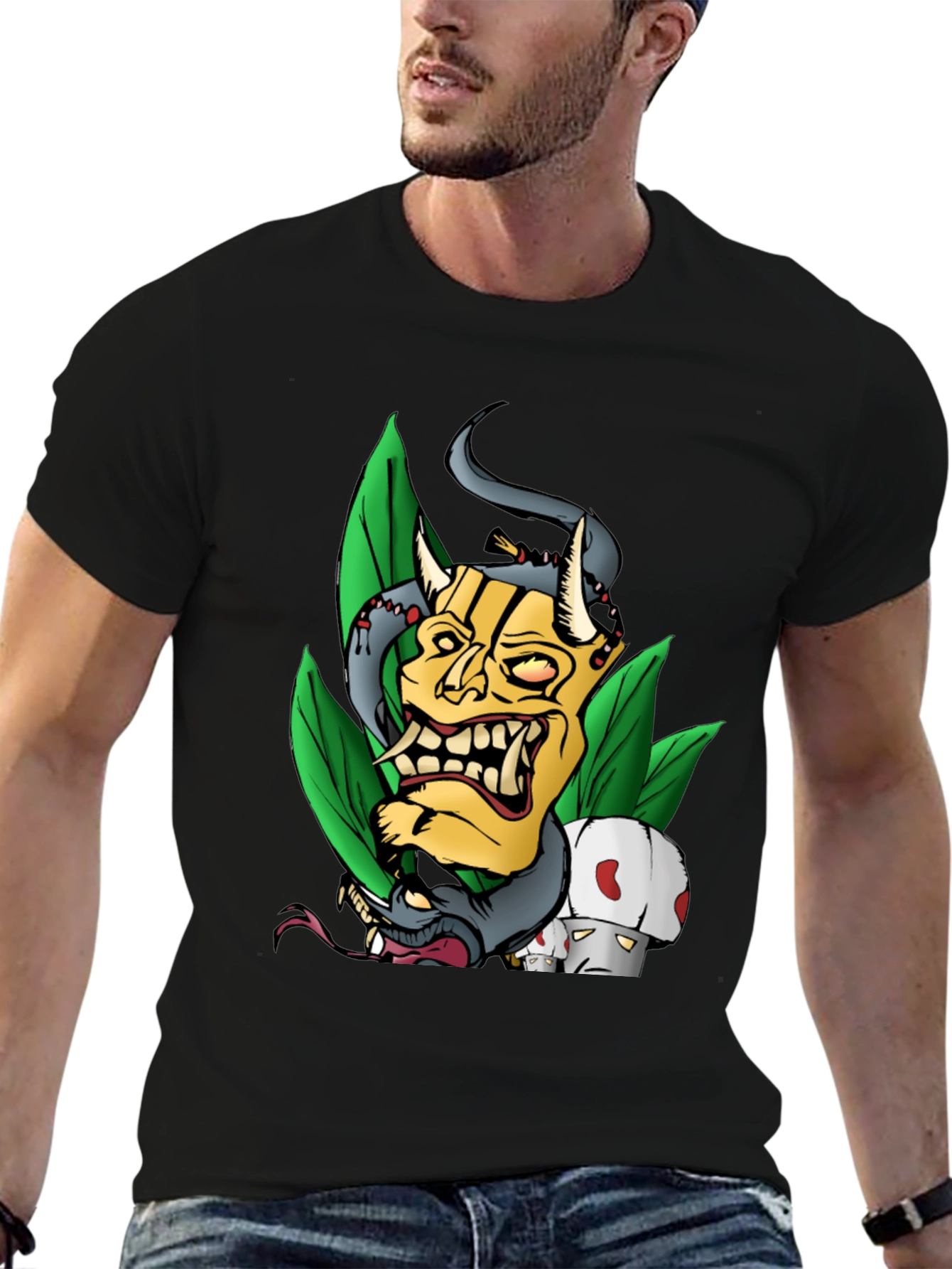 Unique Graphic Tee - Demon Mask and Snake