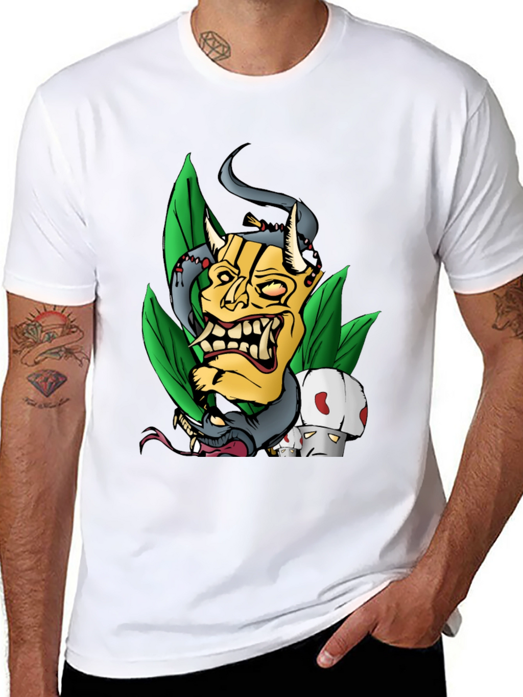 Unique Graphic Tee - Demon Mask and Snake
