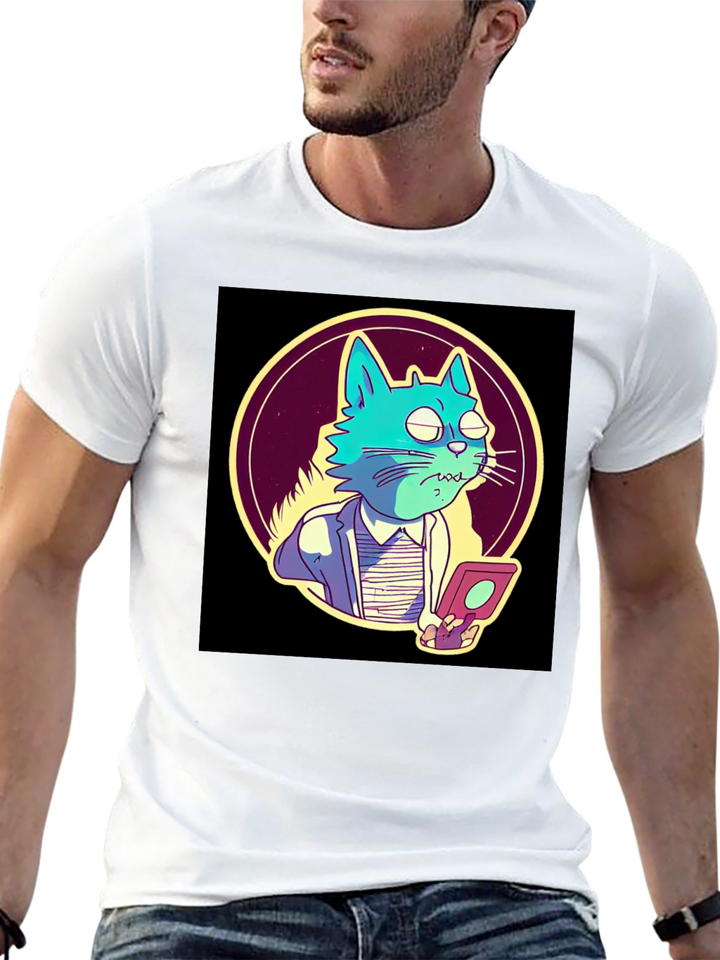 Cartoon Cat Gamer T-Shirt - Black