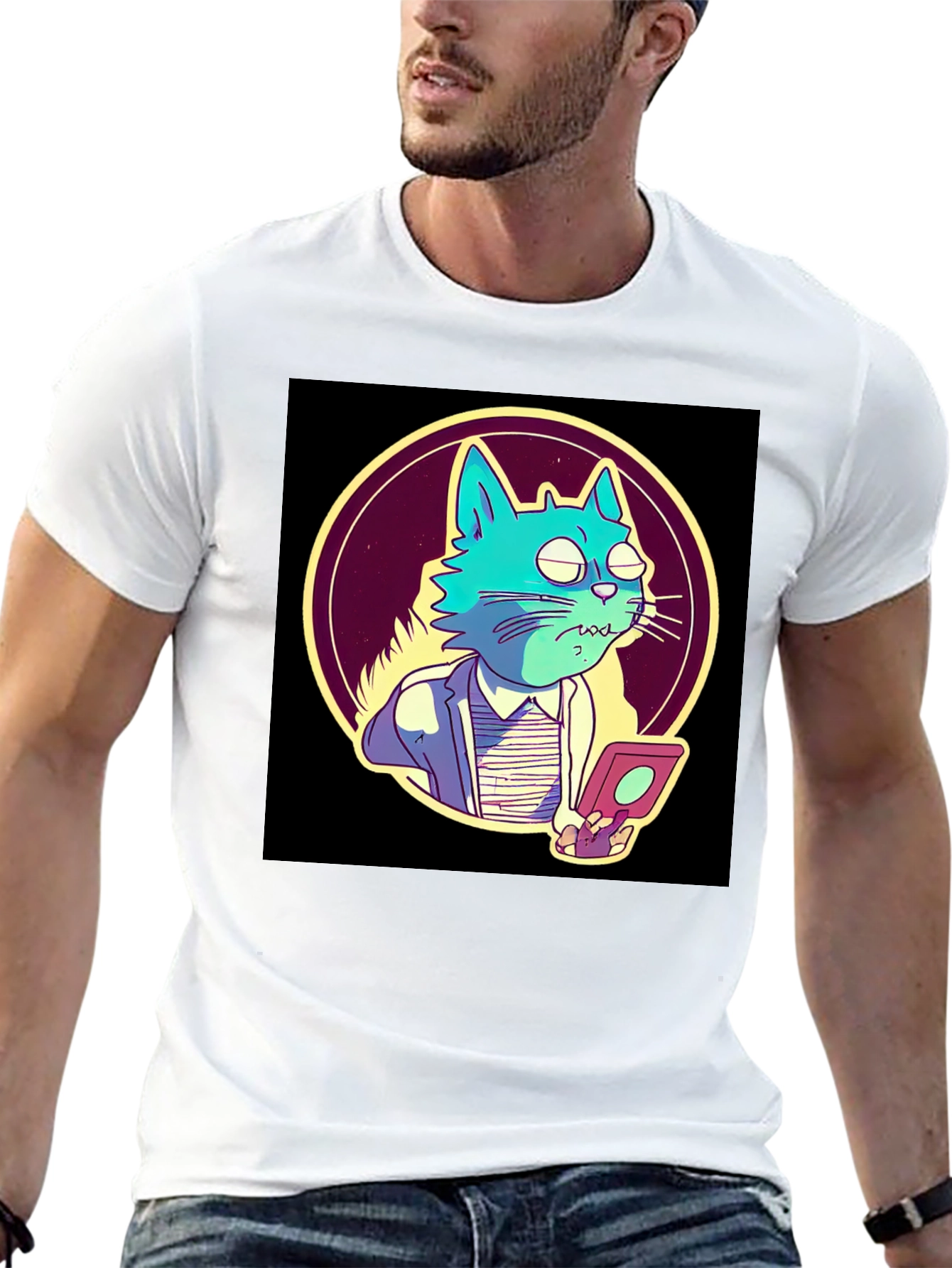 Cartoon Cat Gamer T-Shirt - Black