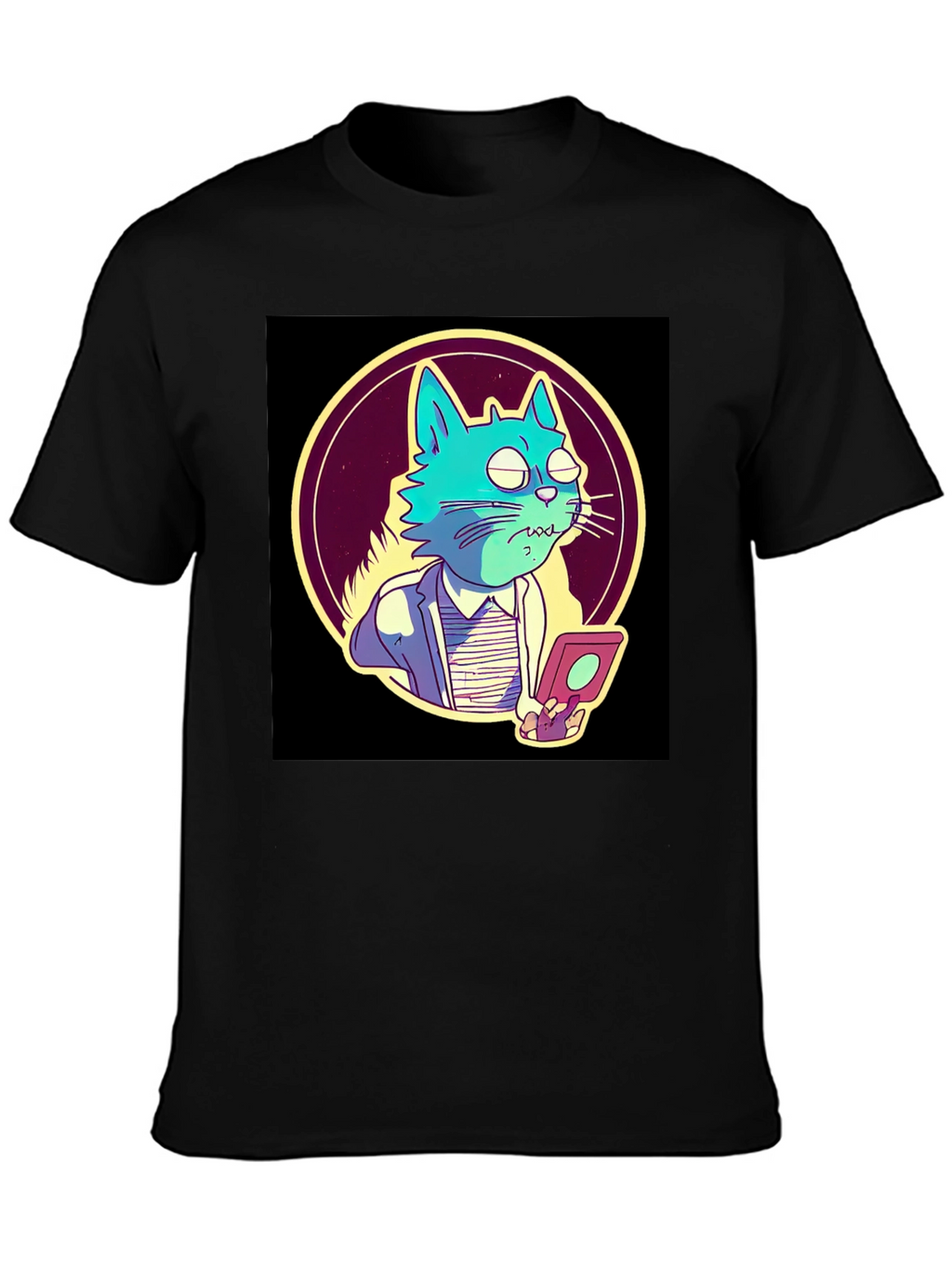 Cartoon Cat Gamer T-Shirt - Black
