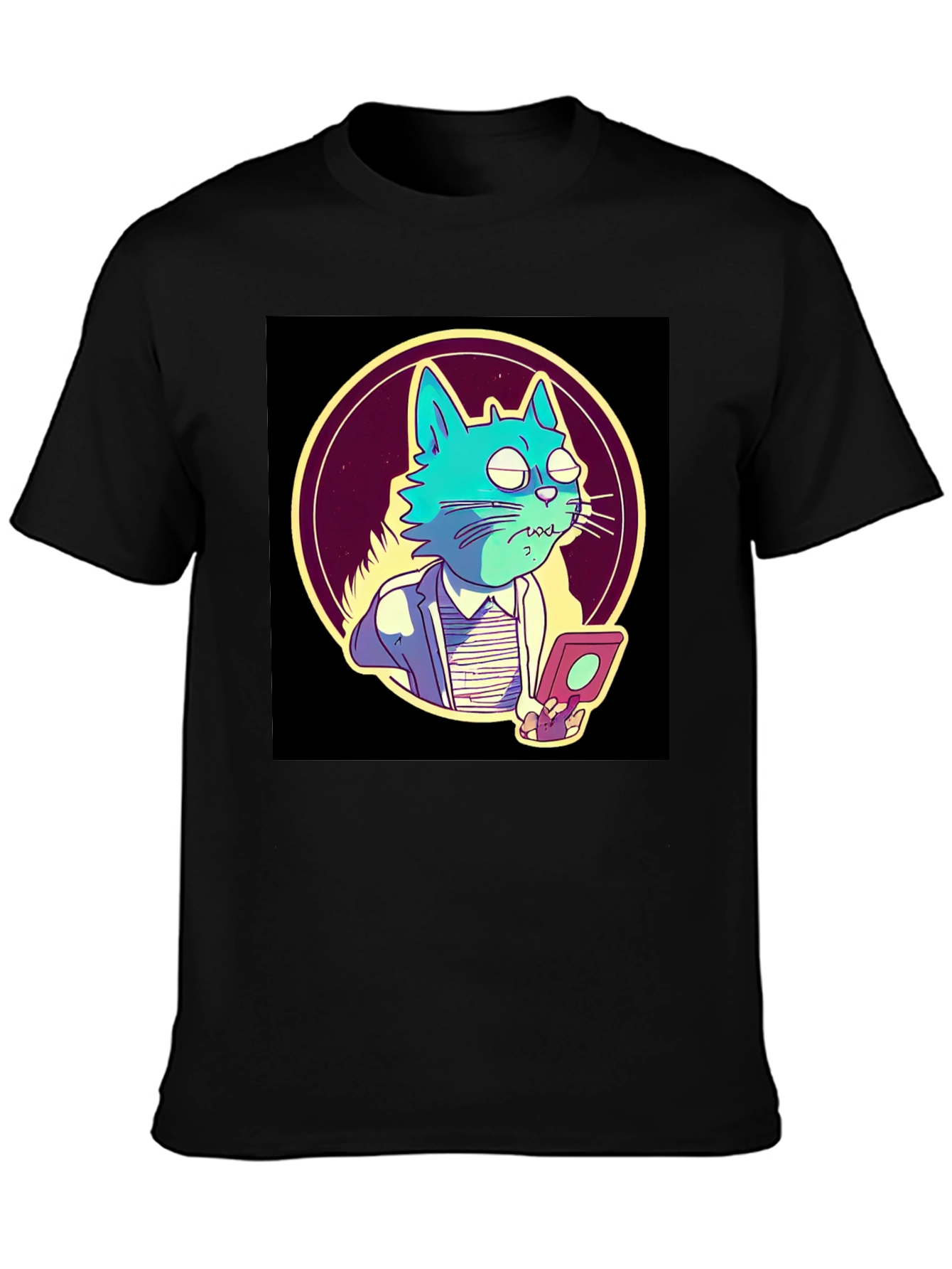 Cartoon Cat Gamer T-Shirt - Black