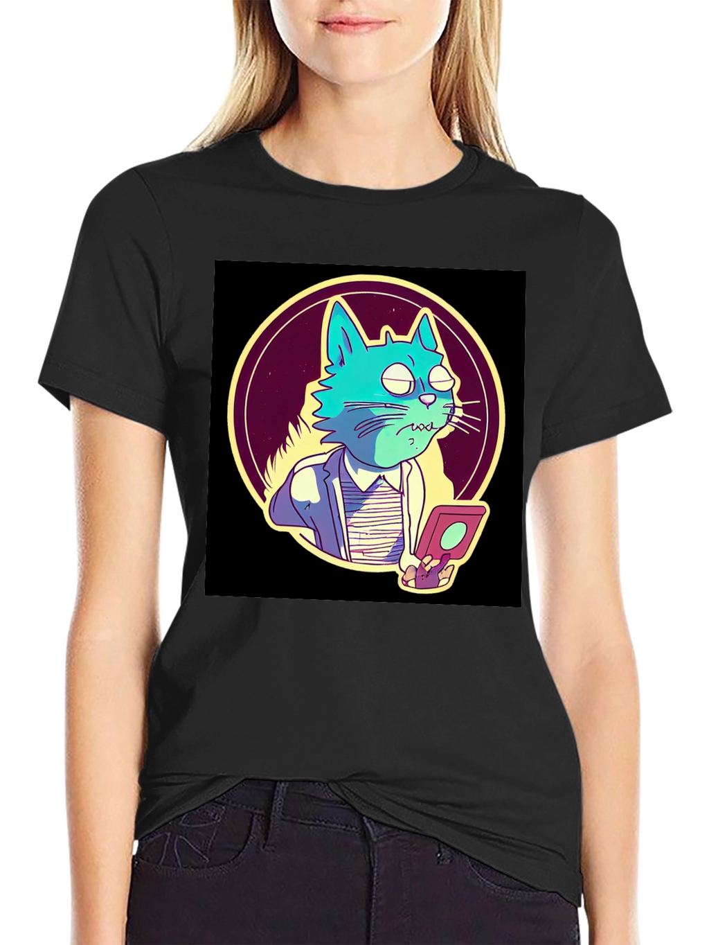Cartoon Cat Gamer T-Shirt - Black