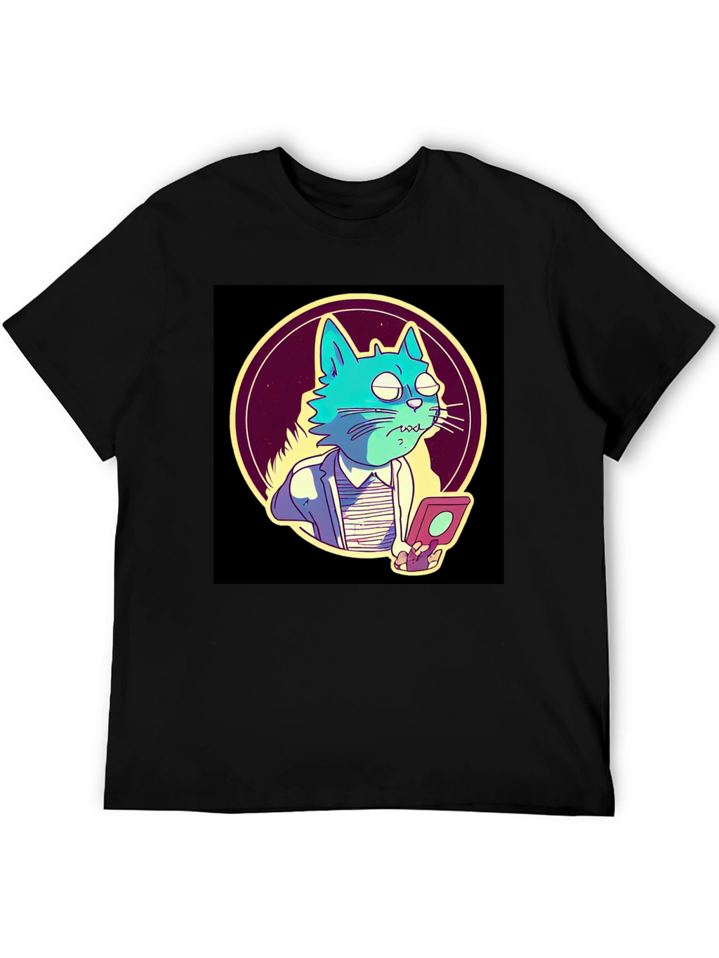 Cartoon Cat Gamer T-Shirt - Black