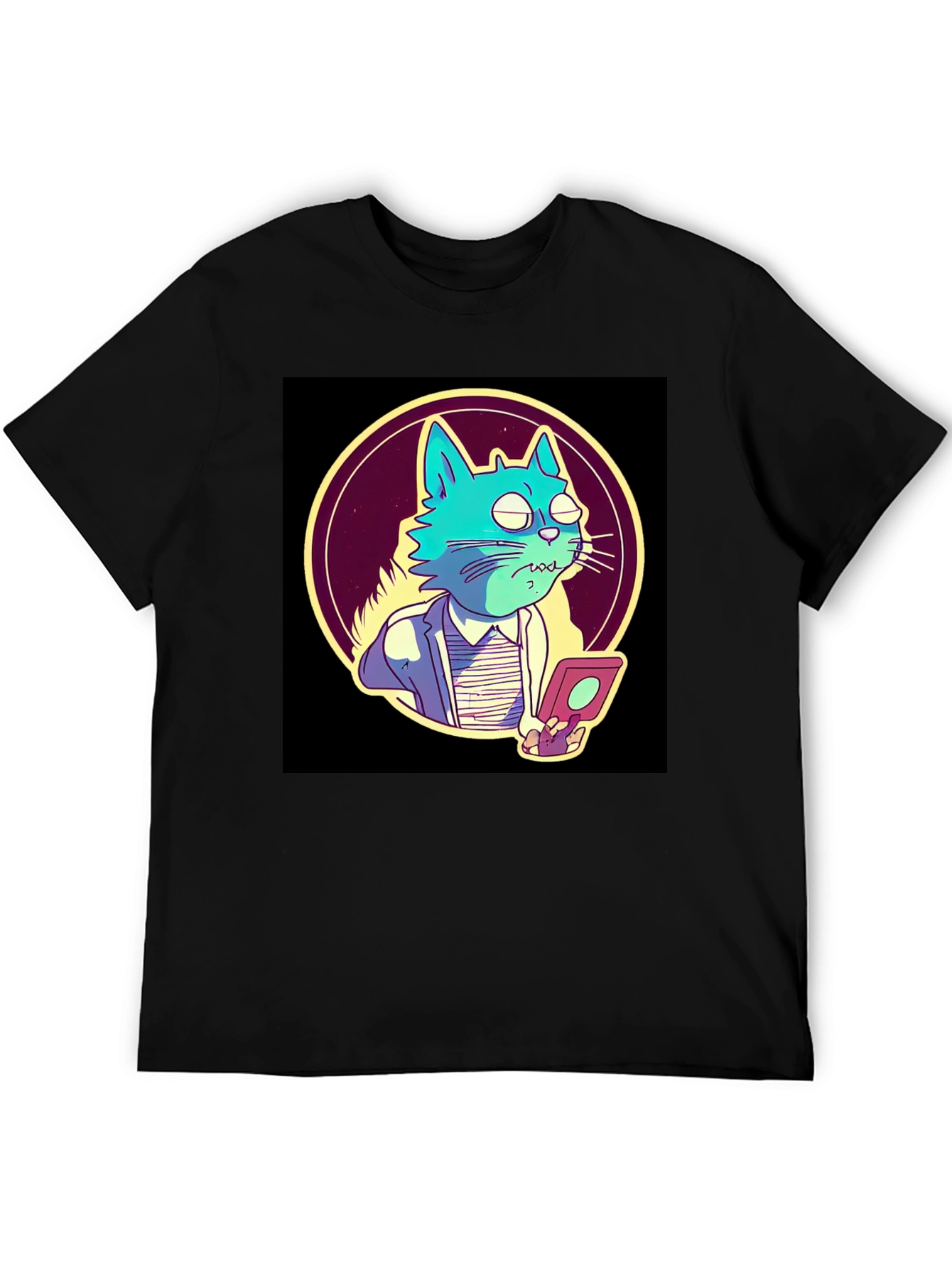 Cartoon Cat Gamer T-Shirt - Black