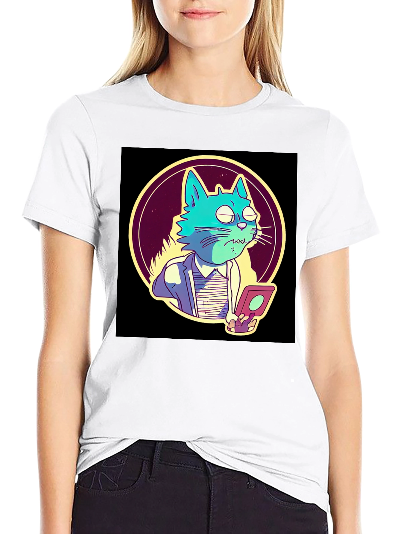Cartoon Cat Gamer T-Shirt - Black