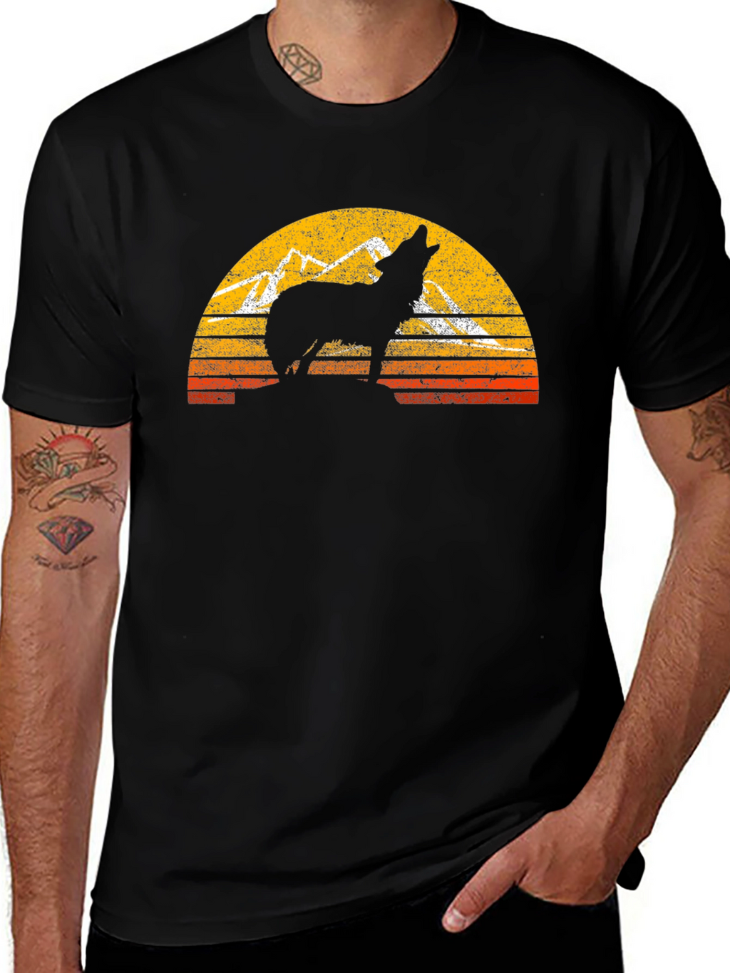 Wolf Howling at Sunset Mens Black T-Shirt