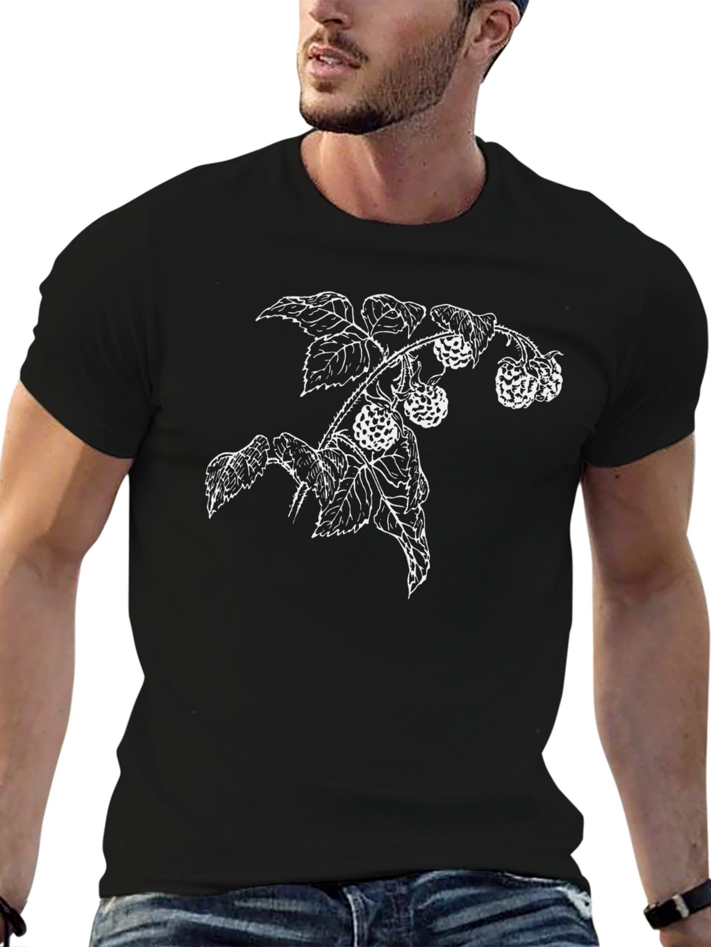 Botanical Raspberry Branch Black T-Shirt